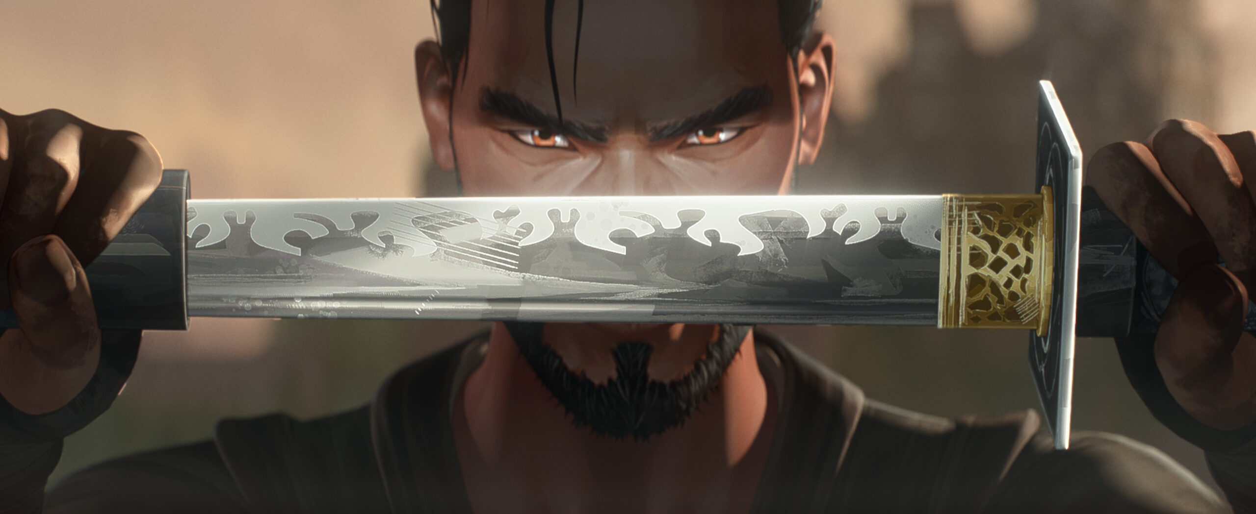 A man unsheathing a katana in front of his face.