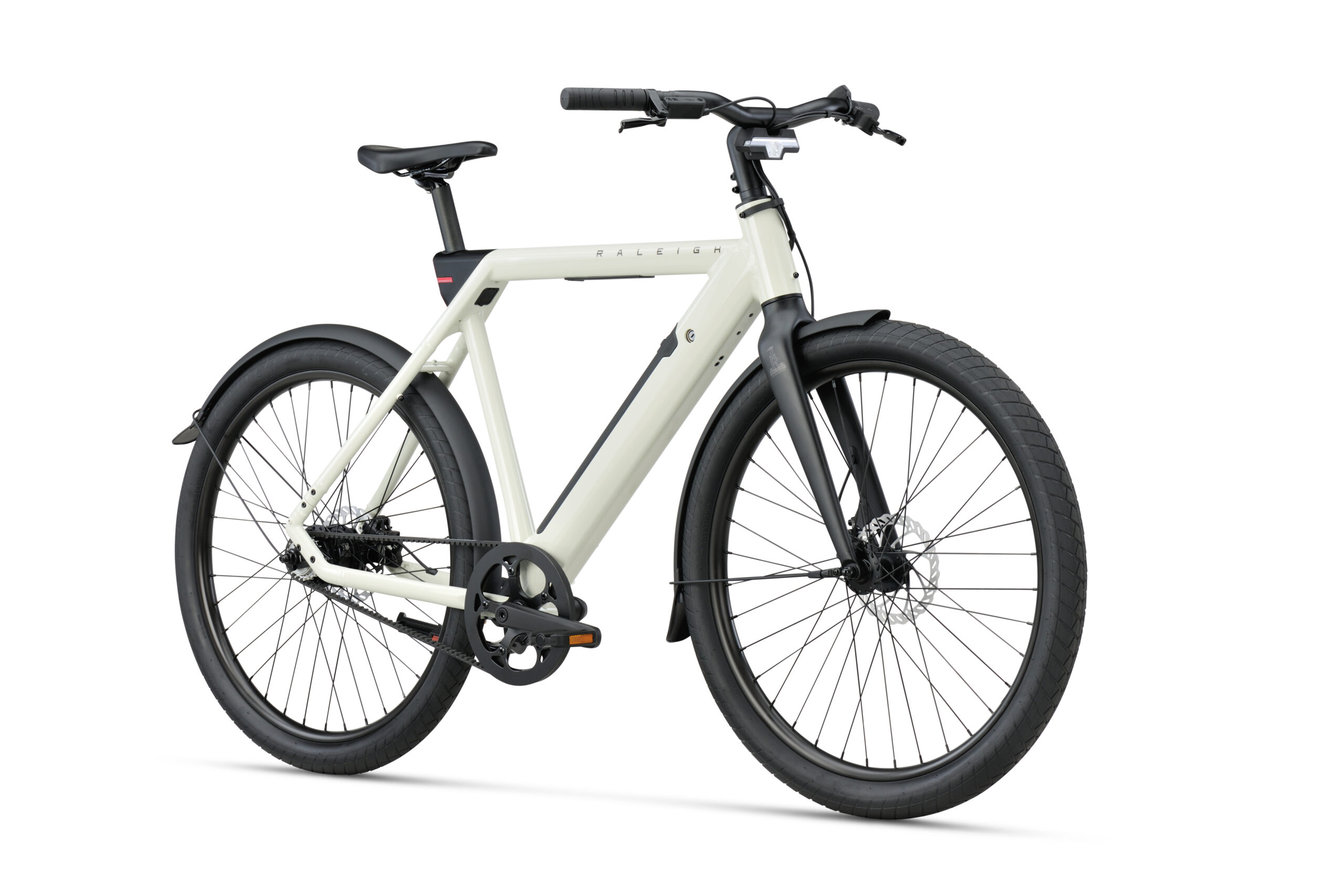 The Raleigh One e-bike from the side but angled slightly toward the viewer.