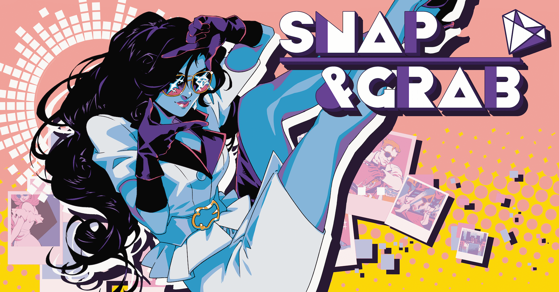Key Art for Snap and Grab featuring an 80's style pin up of a brown-skinned woman holding a camera with the words snap and grab in the top right.