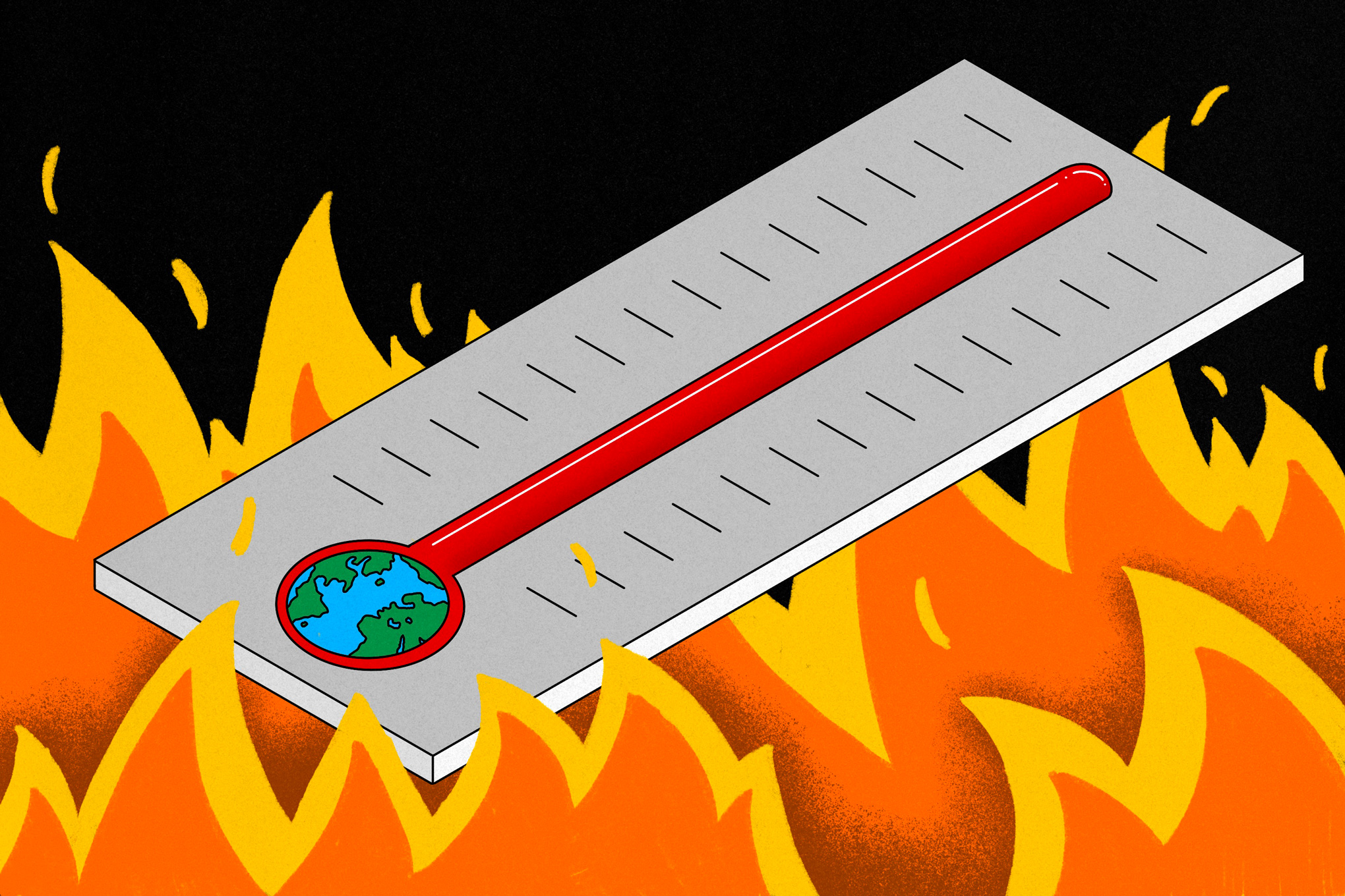 Art depicts mercury rising on a thermometer against a backdrop of flames.