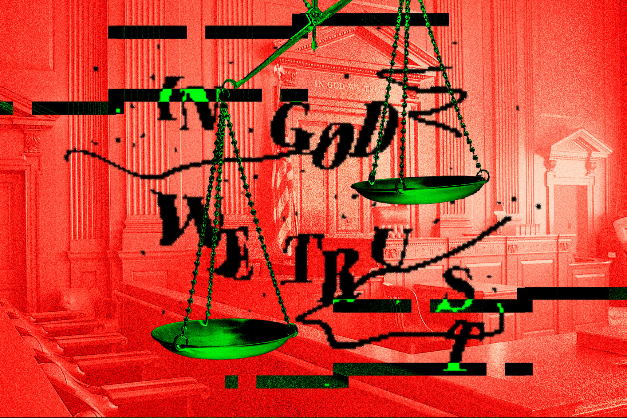 A captcha-like image that says “In God we trust” overlaid with the scales of justice.