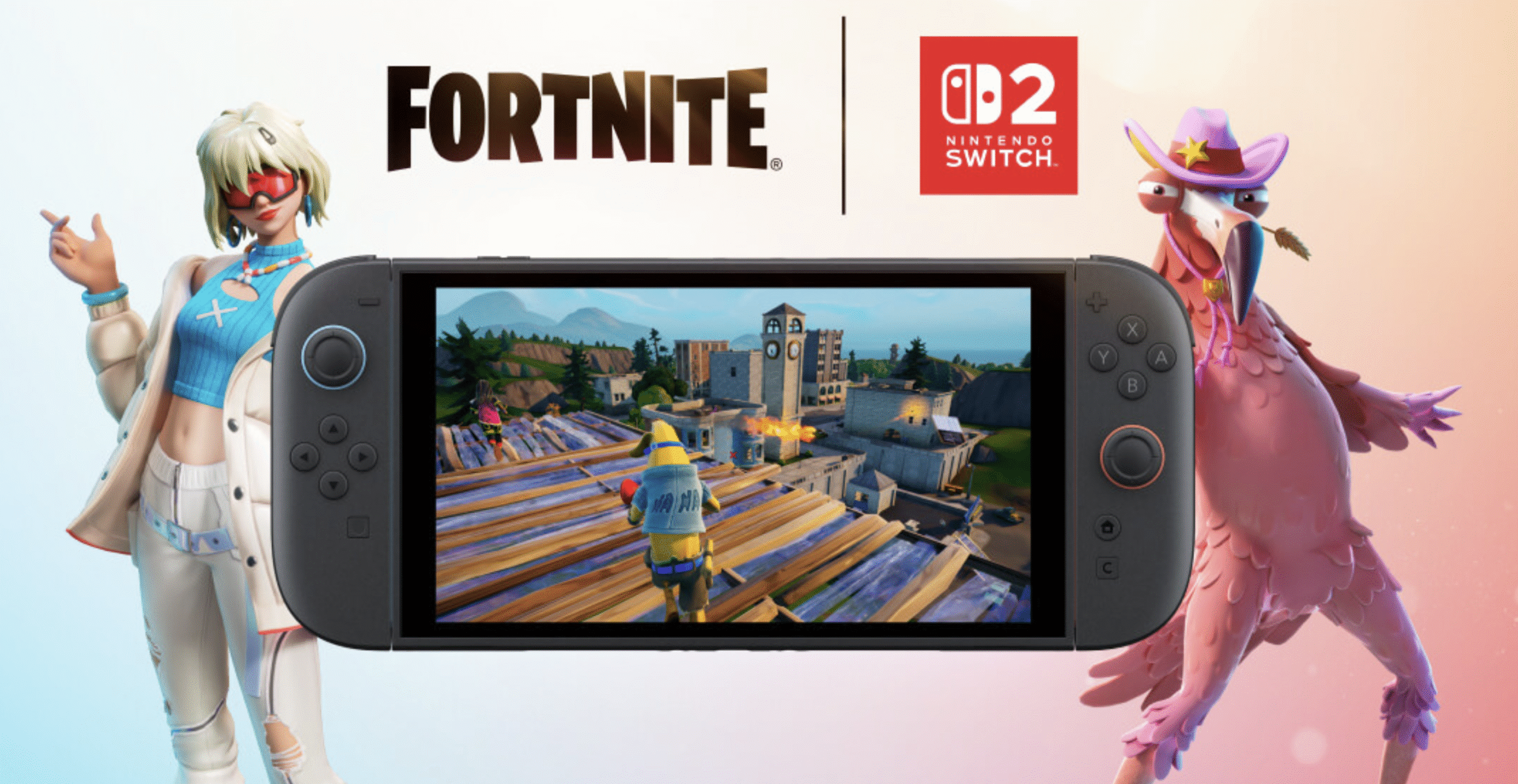A Nintendo Switch 2 displaying a Fortnite match on its screen. The Switch 2 is flanked by a woman in a white coat and pants as well as an anthropomorphic flamingo.