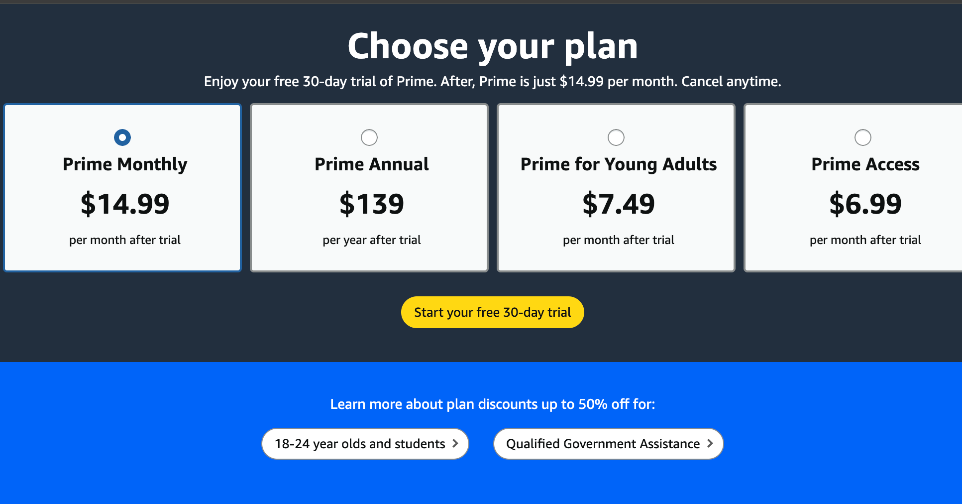 Screenshot from Amazon headed Choose your plan and exhibiting the various plans available for Amazon Prime.