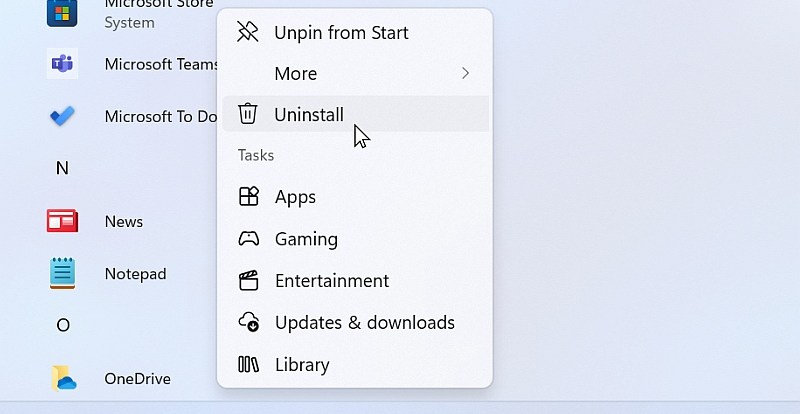 Microsoft Start menu showing the option to uninstall the Microsoft Store