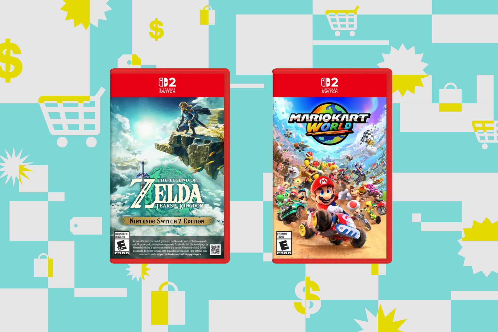 An image showing the Switch 2 Edition of The Legend of Zelda Tears of the Kingdom next to Mario Kart World on a light blue background that has bright yellow accents.