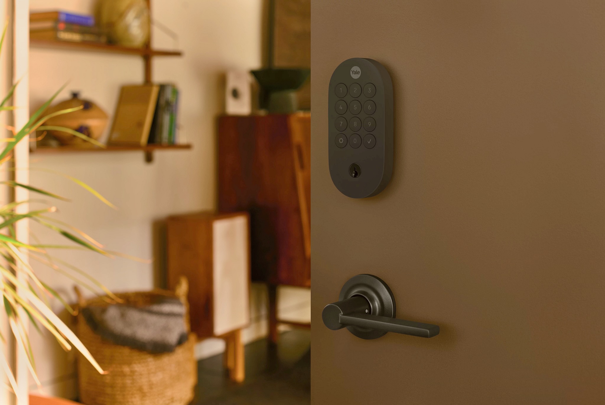 A black push-button door lock on a half-open door.