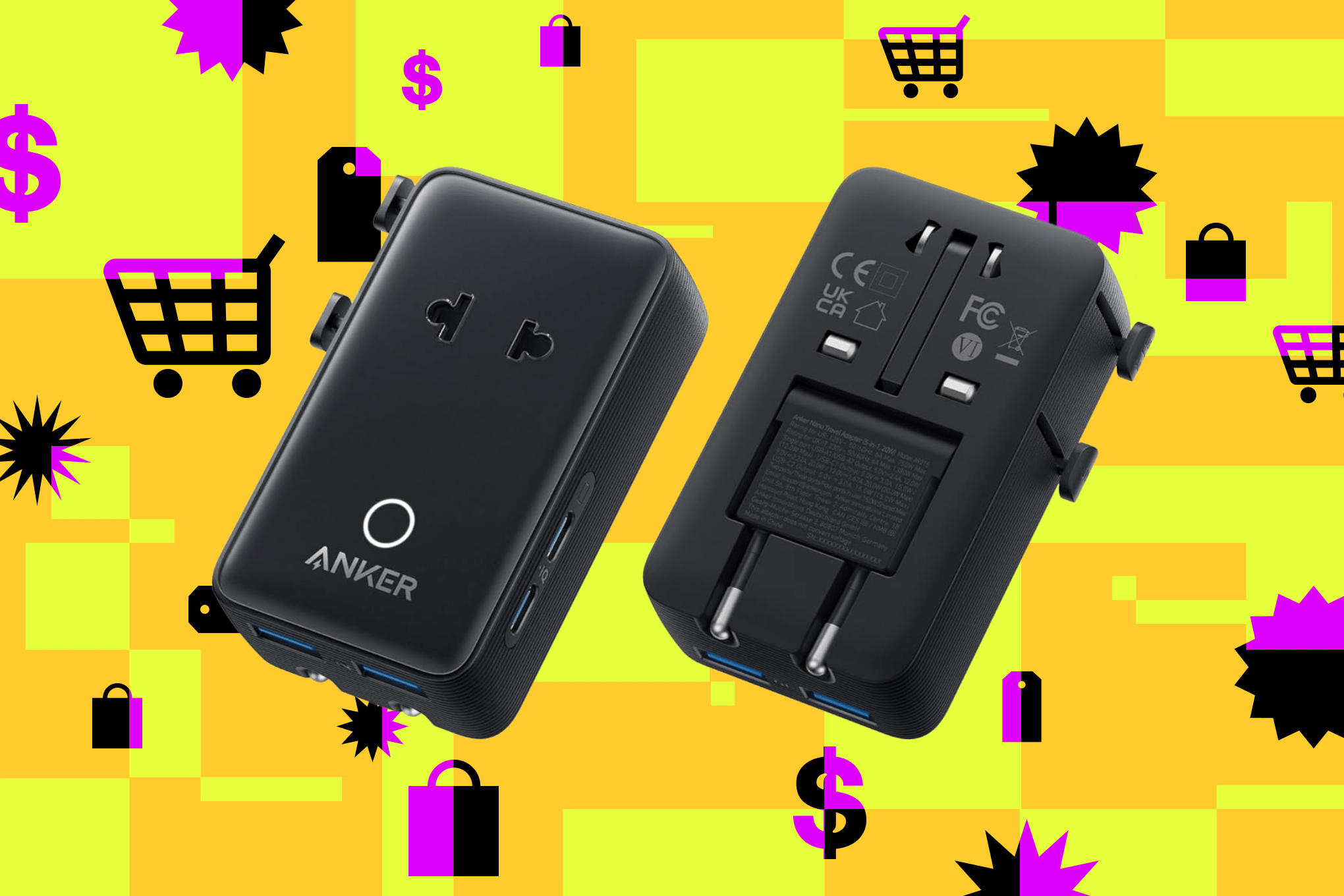 Anker’s Nano Travel Adapter against a yellow background.