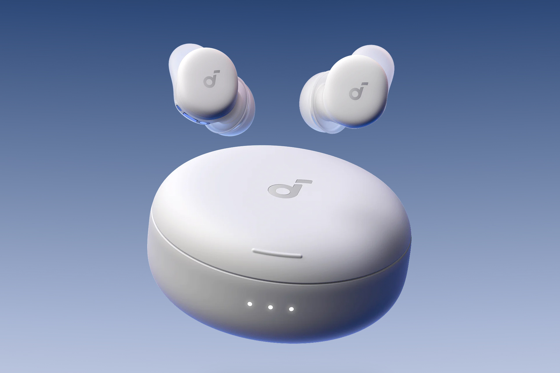 Anker’s new Soundcore Sleep A30 earbuds floating above their charging case.