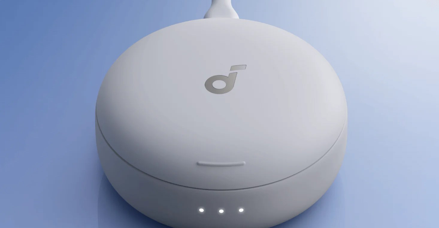 The Anker Soundcore Sleep A30’s charging case against a blue background.