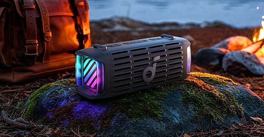 Anker’s Boom 3i speaker sitting on a rock at dusk with its glowing LED features visible.
