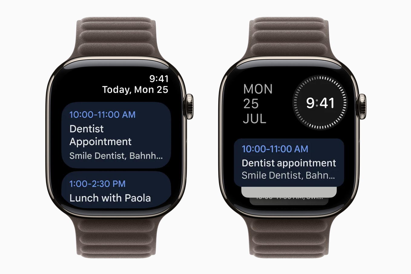 The Google Calendar watchOS app running on two Apple Watches.
