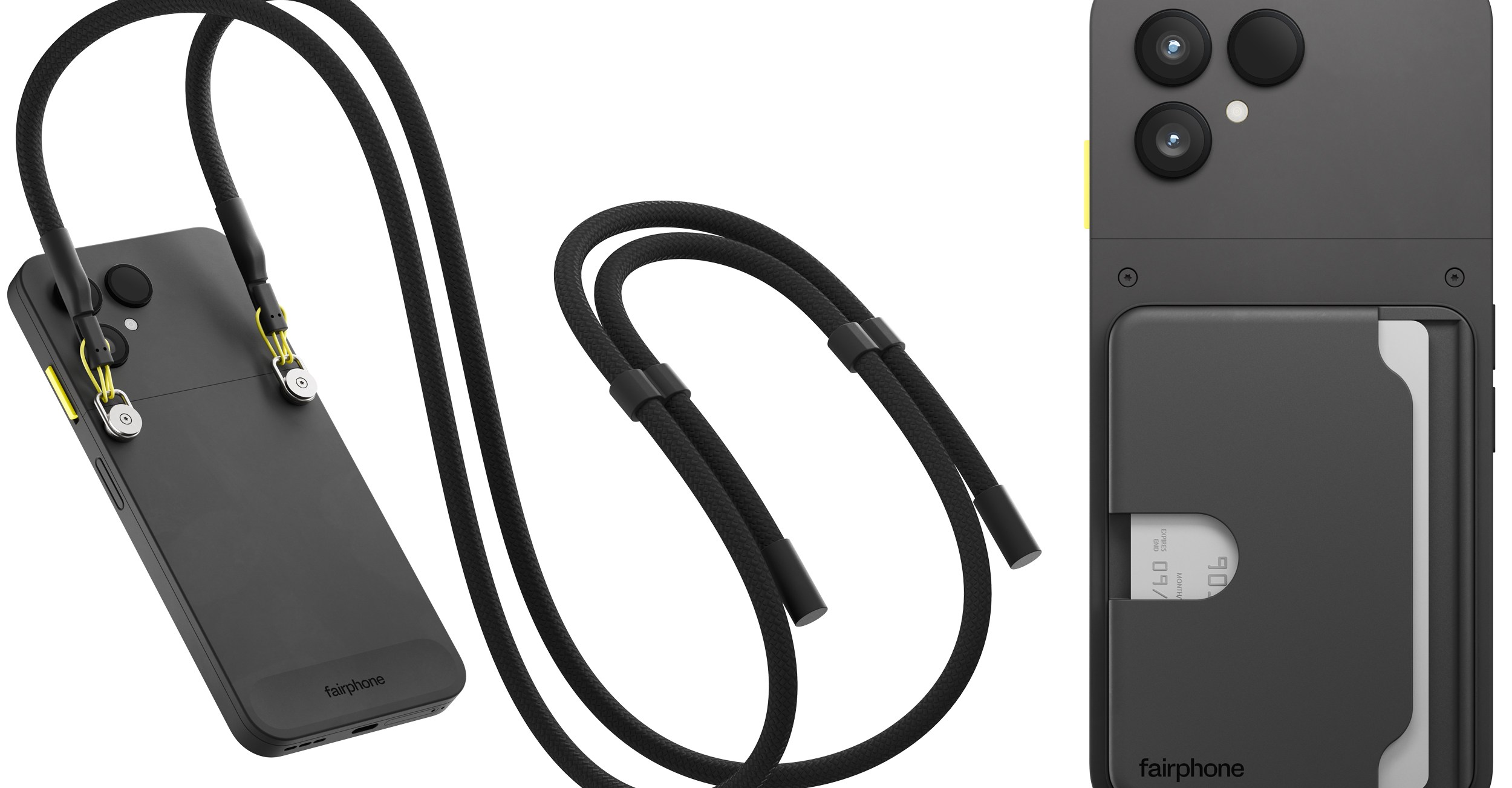 Two versions of the Fairphone 6 with a lanyard and card holder attached.