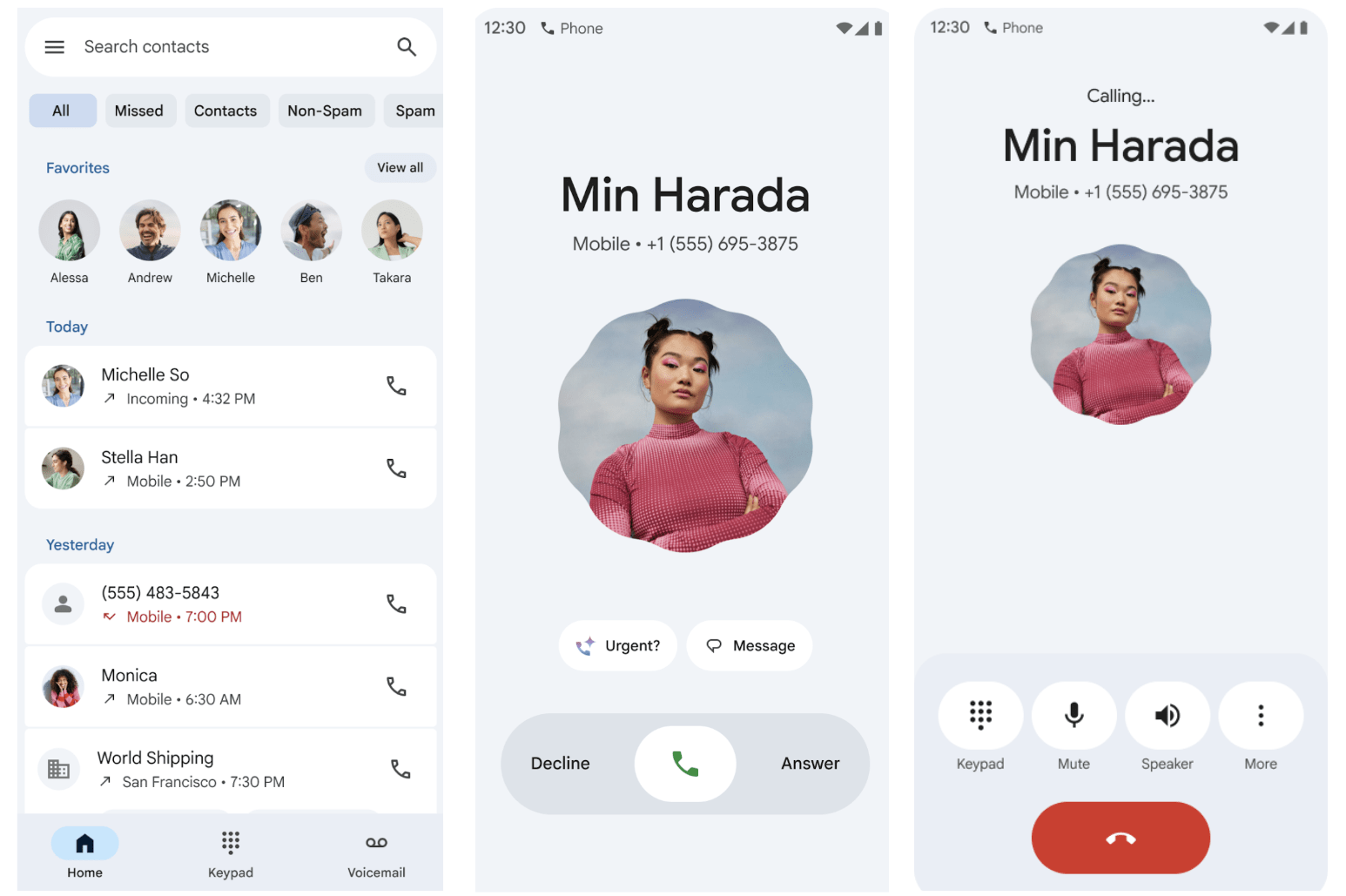 Screenshots of a redesigned Phone by Google app