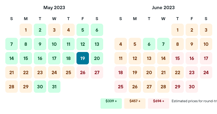 Kayak calendar view for May and June of 2023, with lower fares highlighted in green, middle and higher fares highlighted in orange and red. 