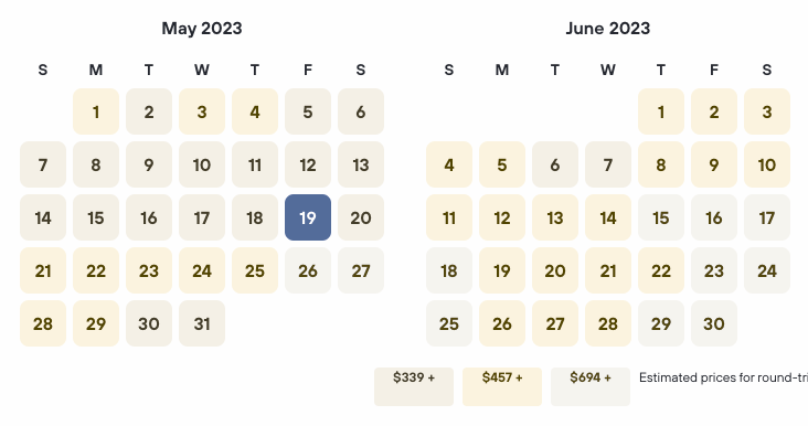 Kayak calendar fares, with low/middle/high fares highlighted in different colors. The screenshot has been processed to simulate deuteranopia, also known as red-green colorblindness.