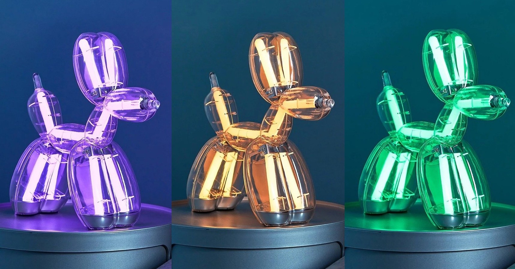 Three versions of the Balloon Dog Lamp each set to a different color.