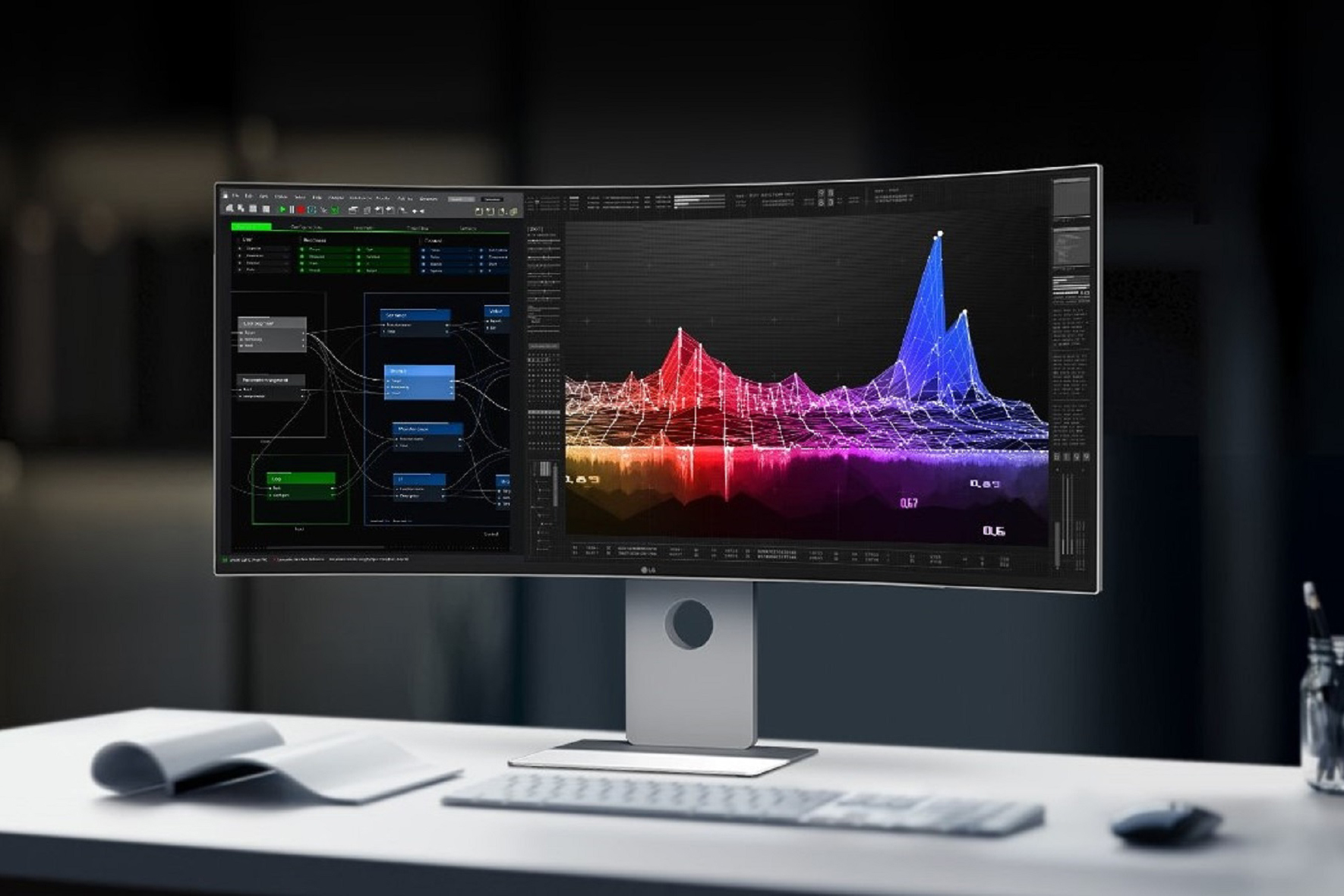 The LG UltraFine 40WT95UF monitor on a desk with graphs displayed on screen.