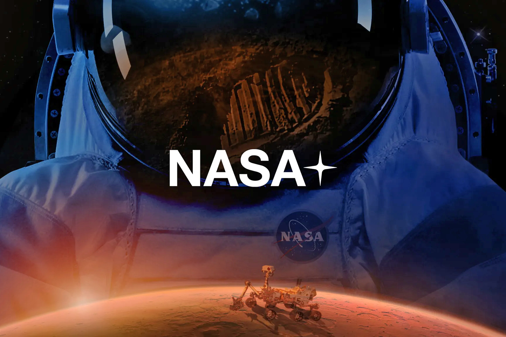 A compilation image featuring an astronaut in a spacesuit looking at a foot print on the moon and a robotic rover on Mars.