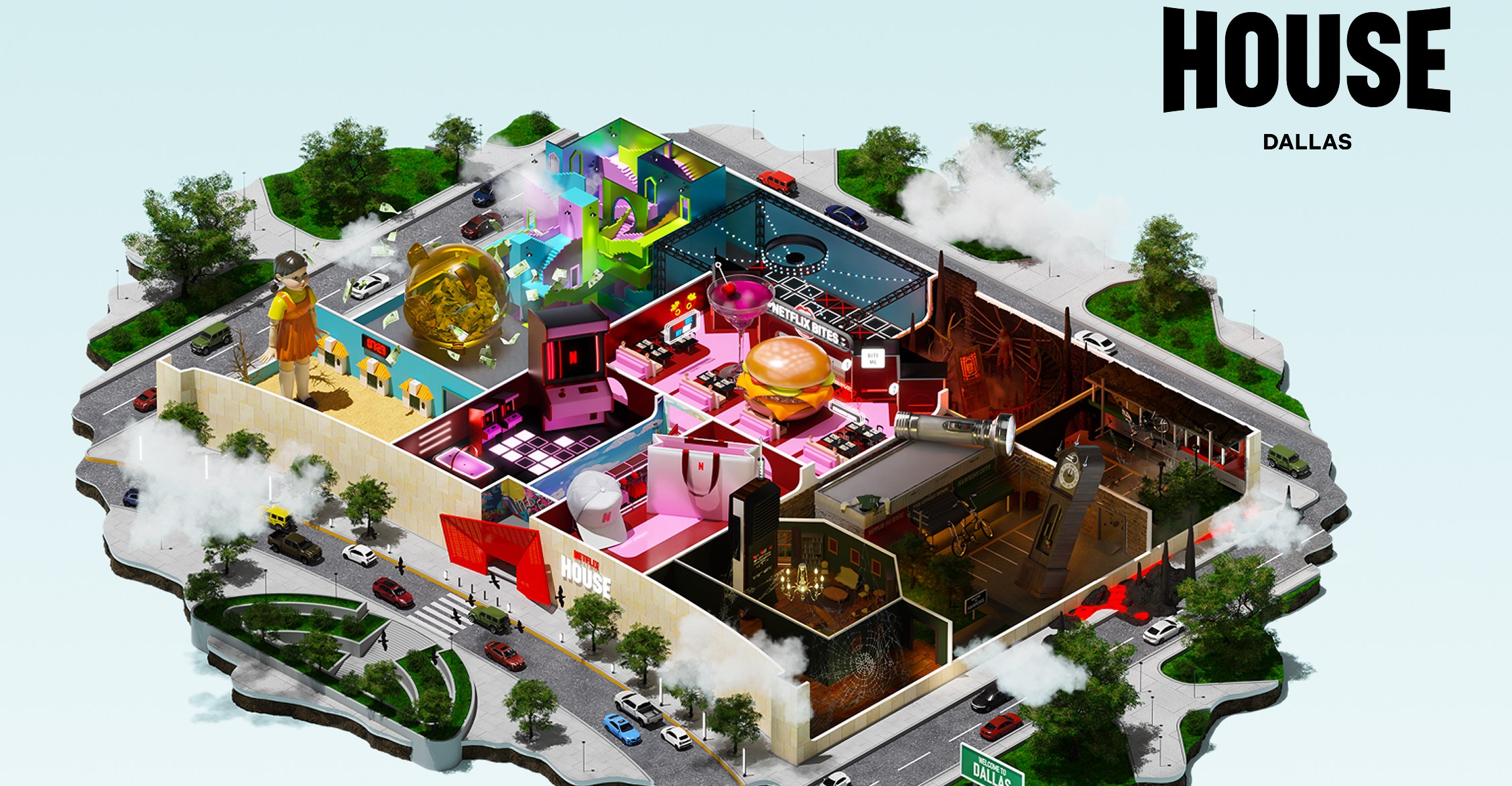 An illustration showing an aerial view of the Netflix House Dallas location.
