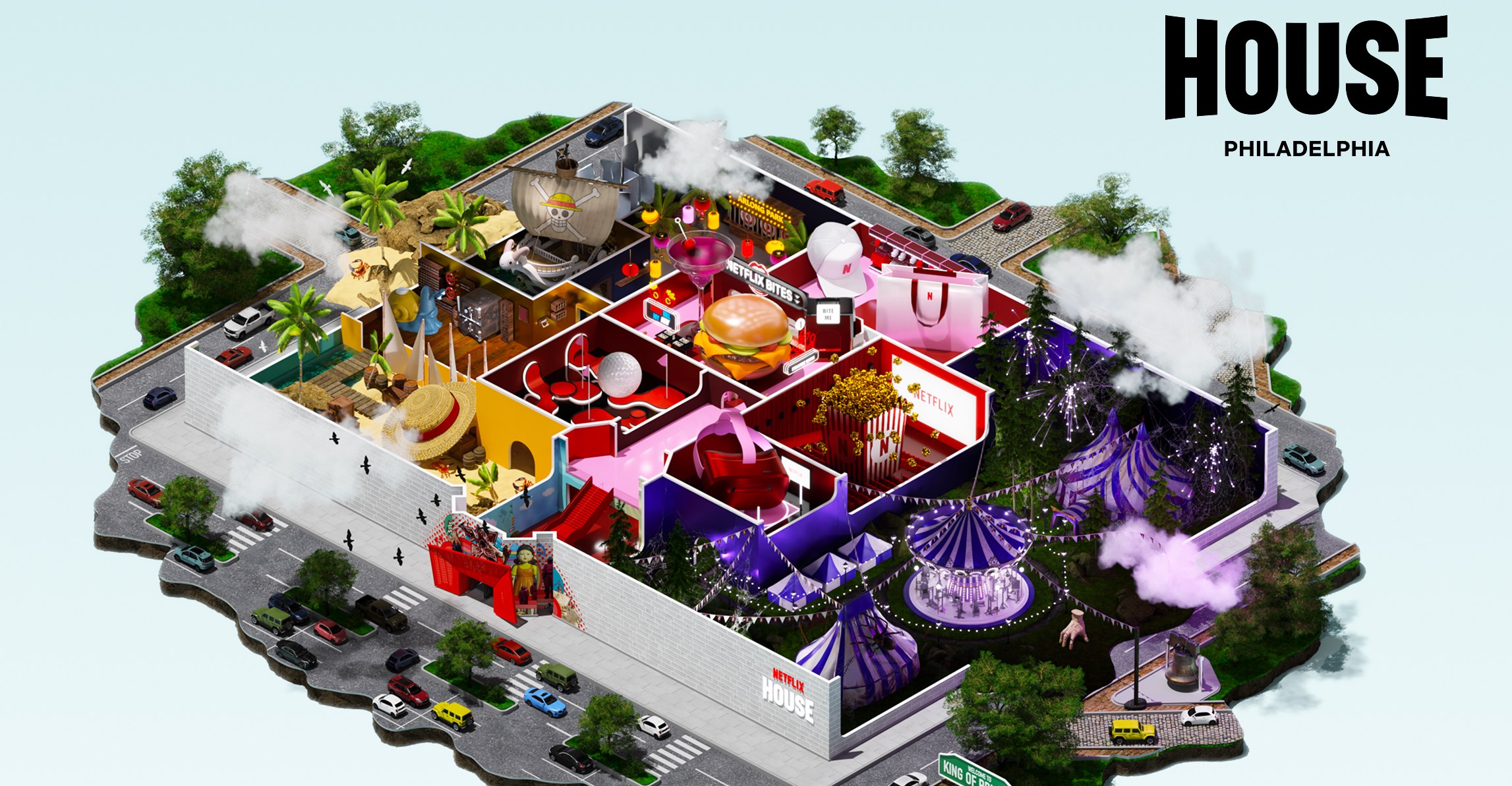 An illustration showing an aerial view of the Netflix House Philadelphia location.