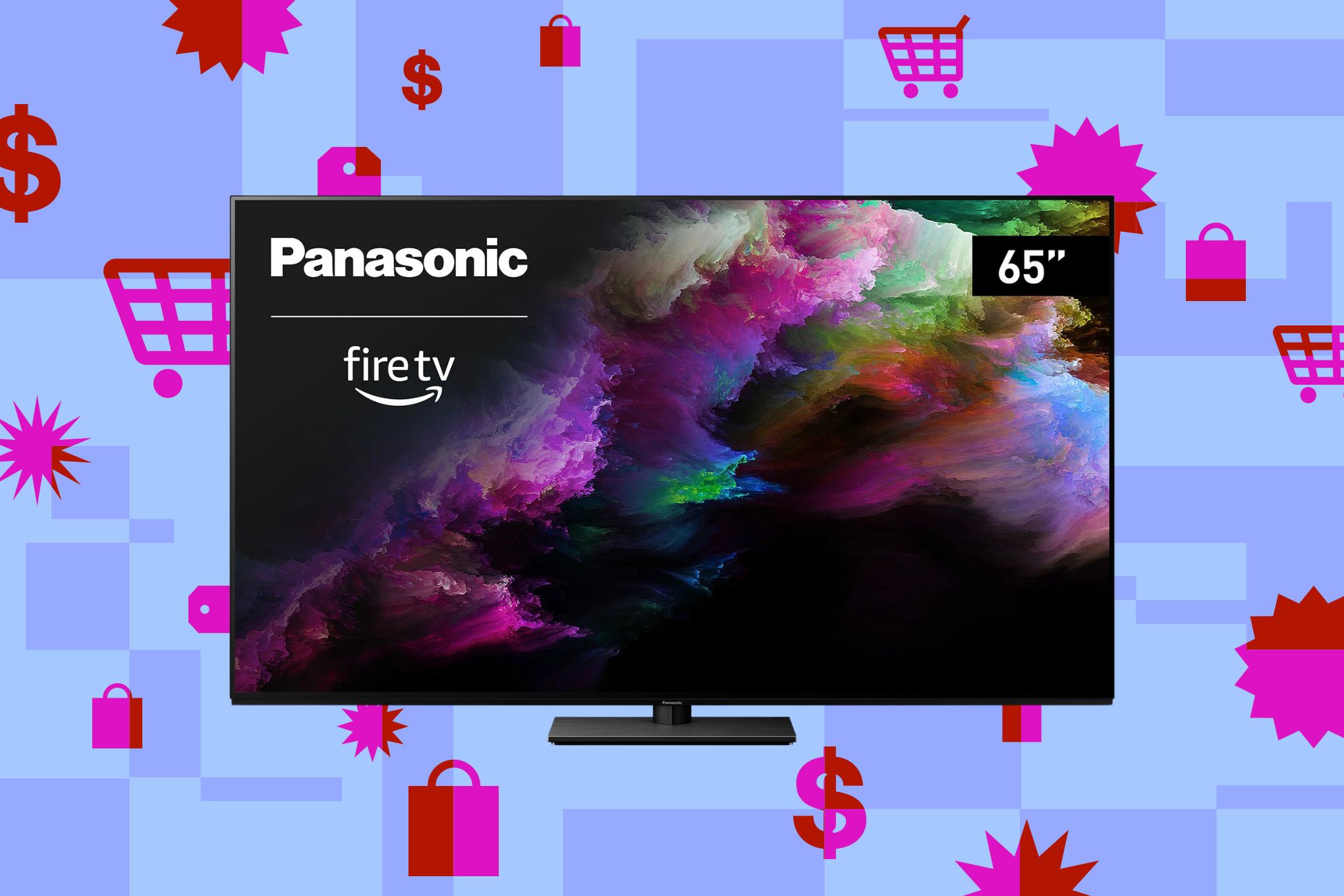 An image of the Panasonic Z85 65-inch OLED TV imposed on a background consisting of price tag and shopping cart symbols.