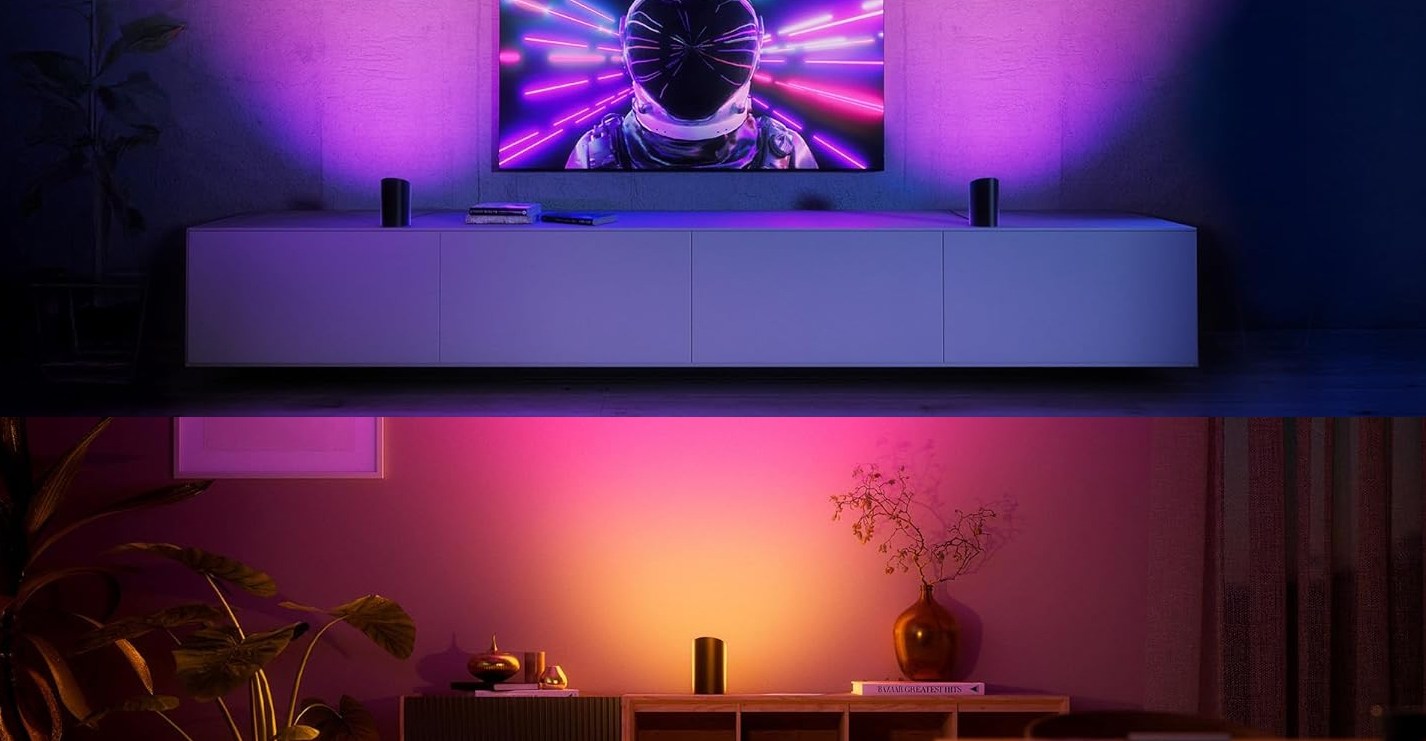 The Philips Hue Wall Washer lights being used on either side of a TV and standalone.