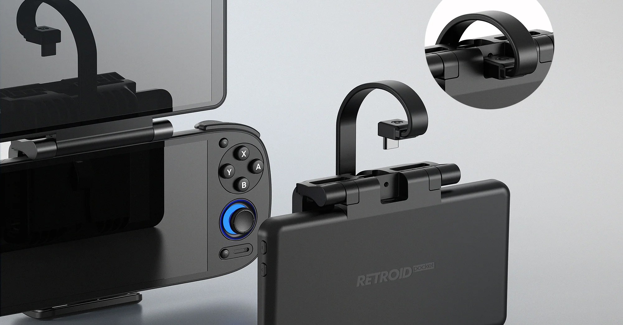 Retroid’s clamp-on secondary screen accessory shown on its own and connected to a handheld.