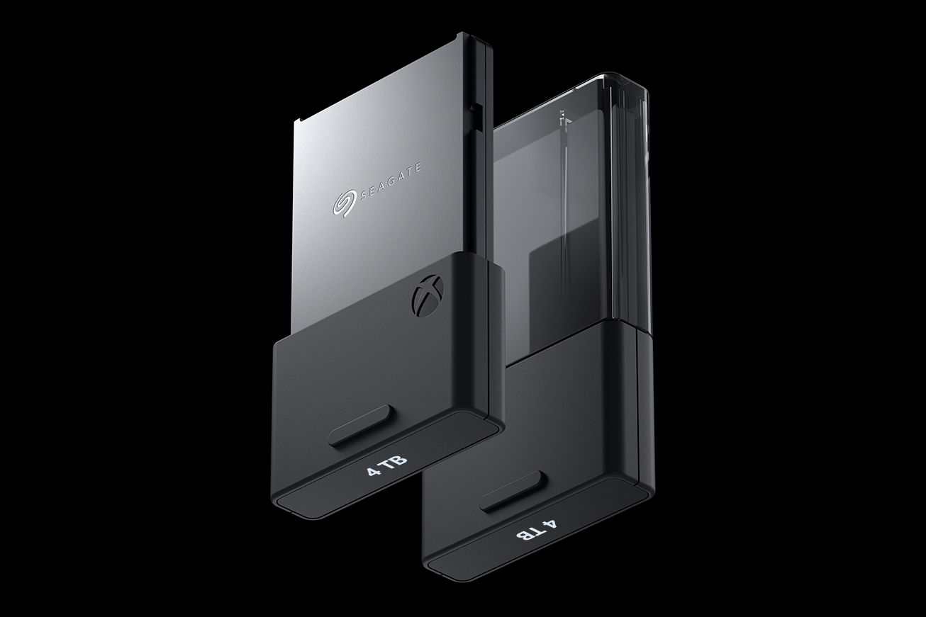 Seagate’s new 4TB Xbox storage expansion card floating in front of a black background.