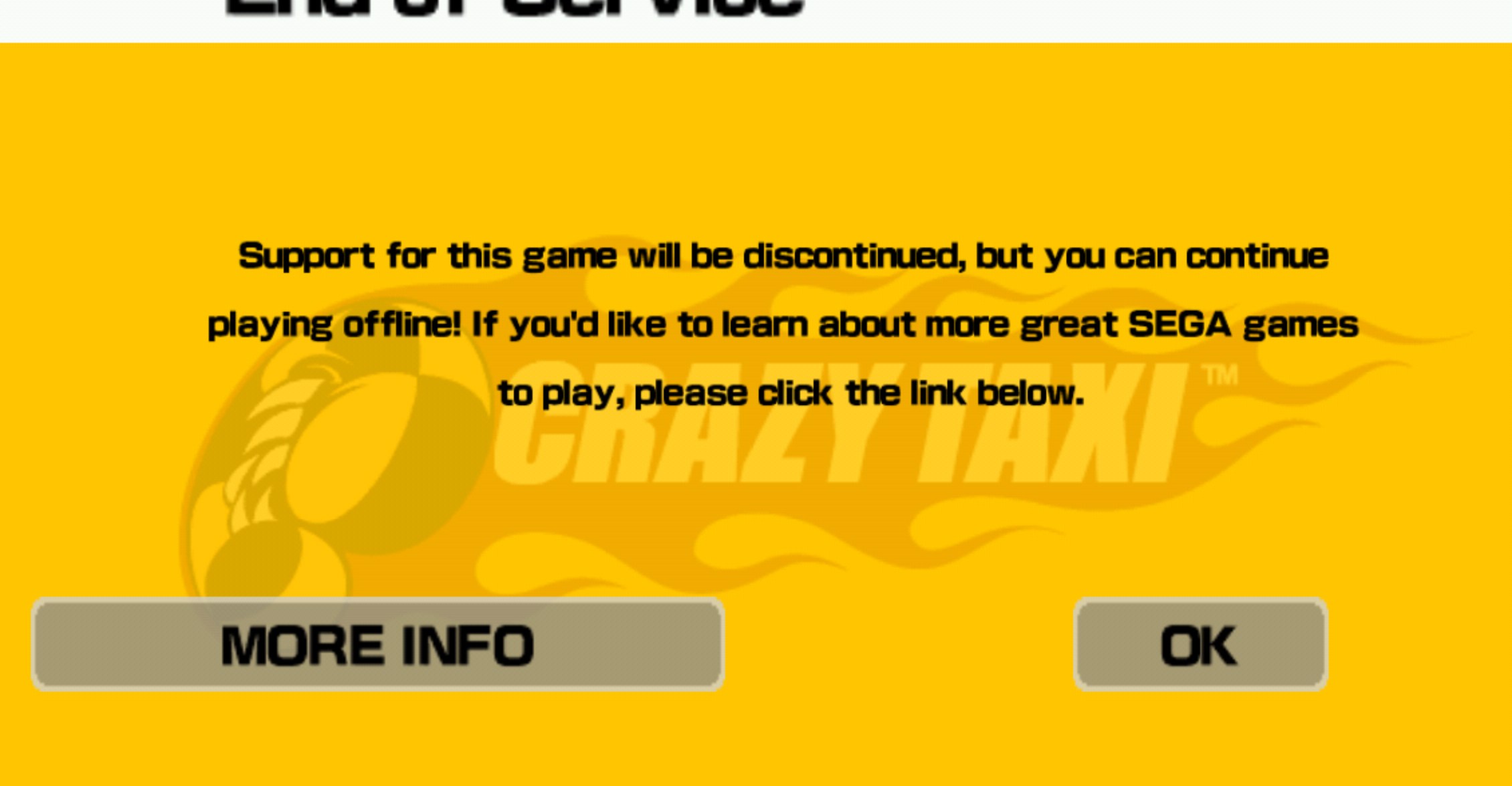 A screenshot of a warning message that appears in Sega’s mobile version of Crazy Taxi.
