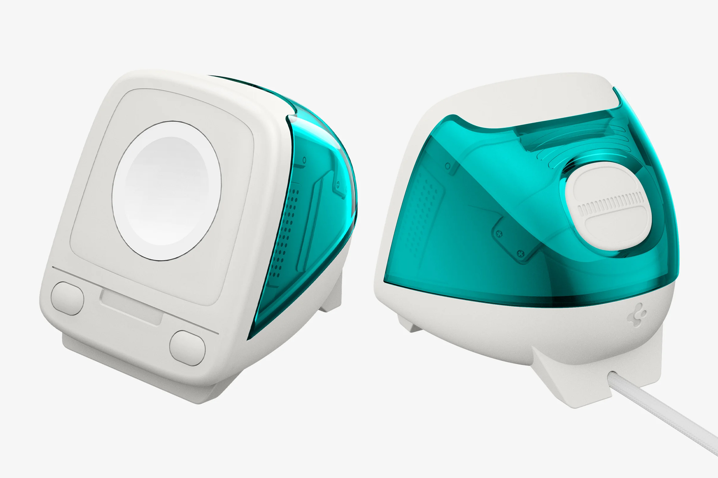 The front and back of Spigen’s iMac G3 Apple Watch charging stand.