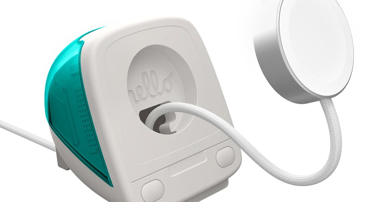 An Apple Watch charger being inserted into Spigen’s Apple Watch charging stand.
