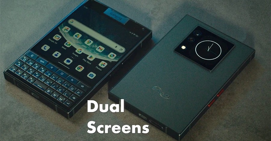 The front and back of the Unihertz Titan 2 smartphone showing its dual displays.