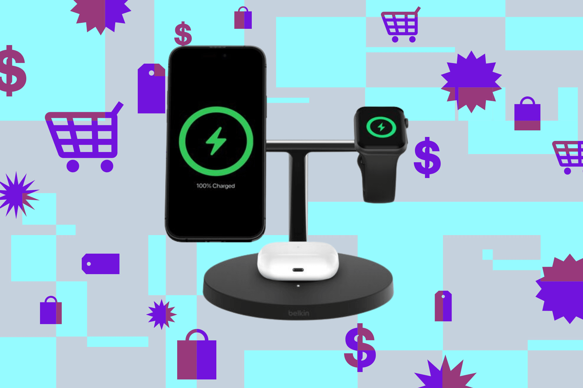 Belkin’s Qi2-ready BoostCharge Pro 3-in-1 wireless charger against a blue and gray background.￼