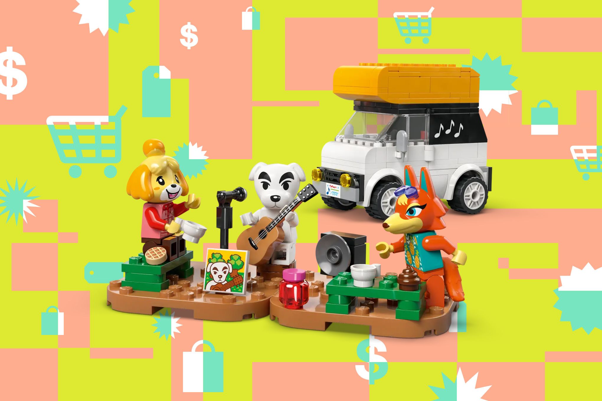 An image of the Lego Animal Crossing set K.K. Slider Concert at the Plaza set on top of an abstract background.