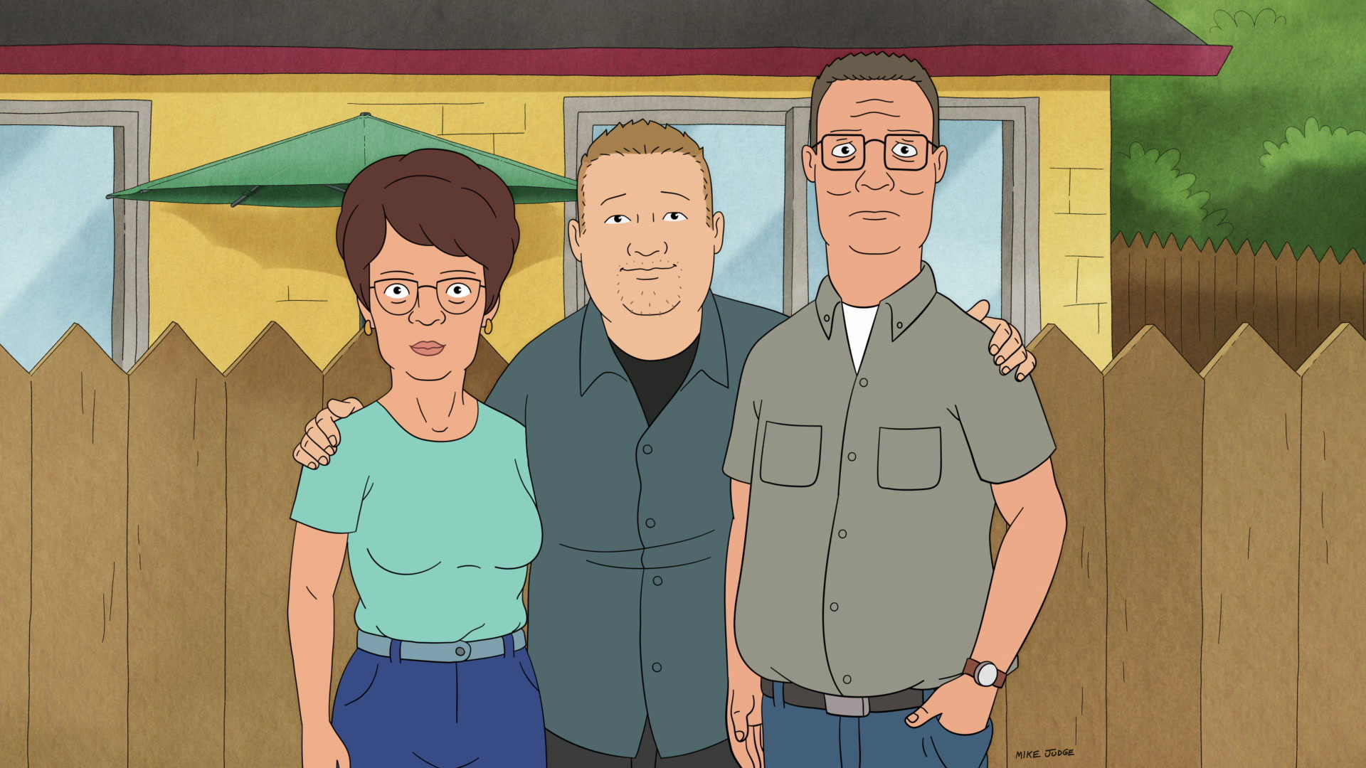 A cartoon illustration of a blonde-haired man in his mid-20s flanked on either side by his mother and father as they stand together in front of a fence.