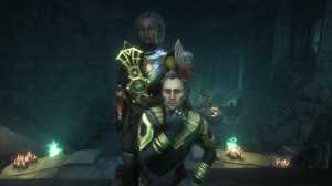 Screenshot from Dragon Age: The Veilguard featuring two characters one standing a Black female wearing heavy plate armor, and one kneeling an older white man with a large ornate staff.
