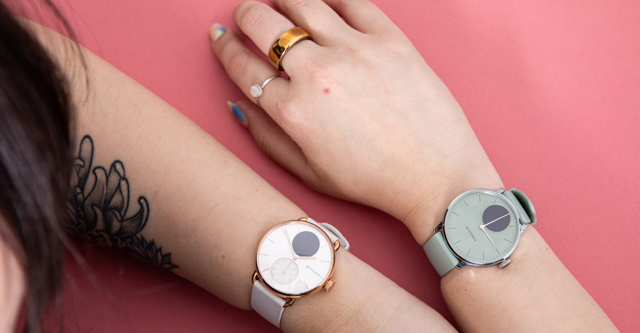 Overhead view of person wearing Withings ScanWatch 2 and ScanWatch Light