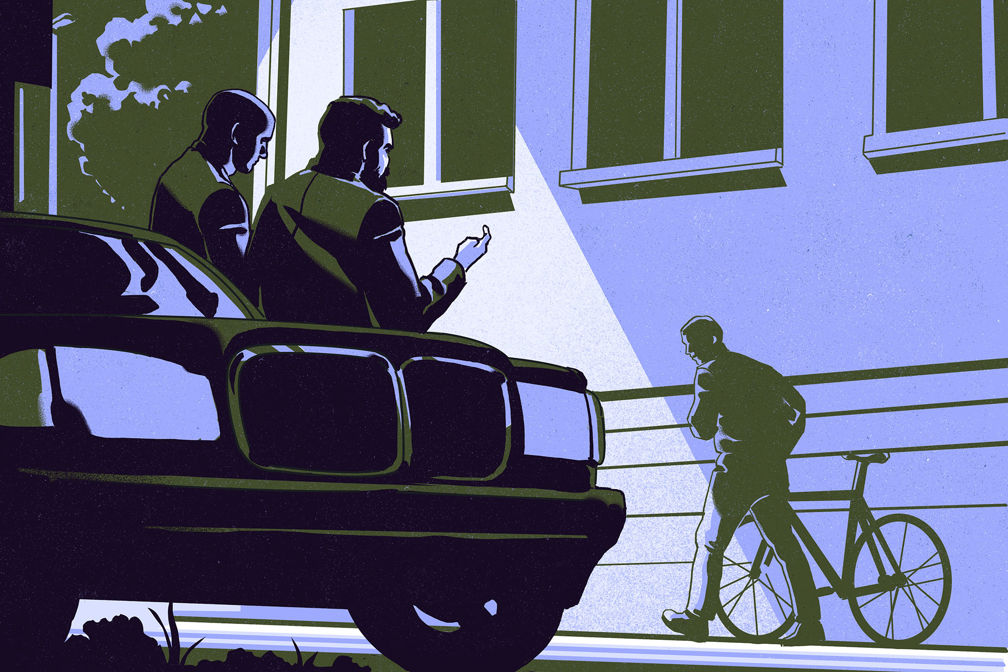 Two mysterious and shadowy male figures leaning against a car, beckoning a man with a bicycle to come closer.