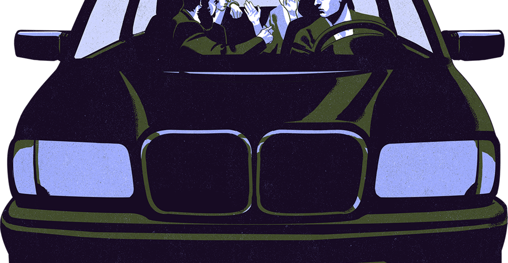 Four male figures in a car. Three of them seem to be intimidating the fourth.