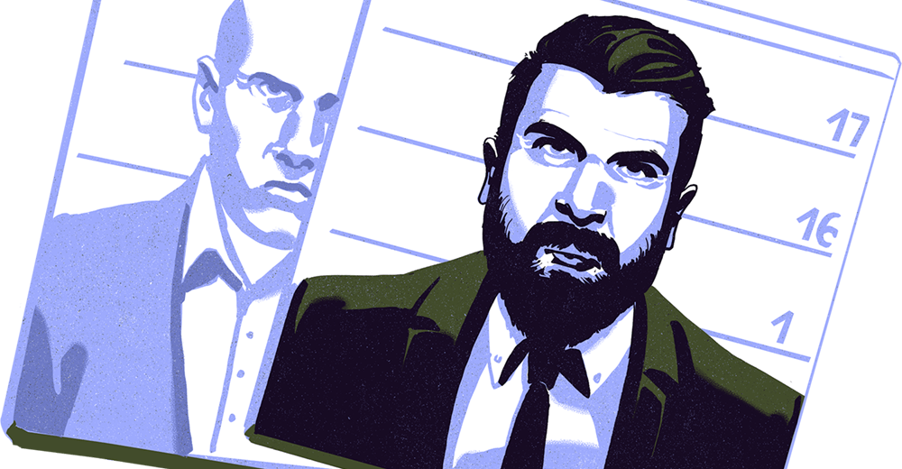 Cropped mugshots of bald man and a bearded man.
