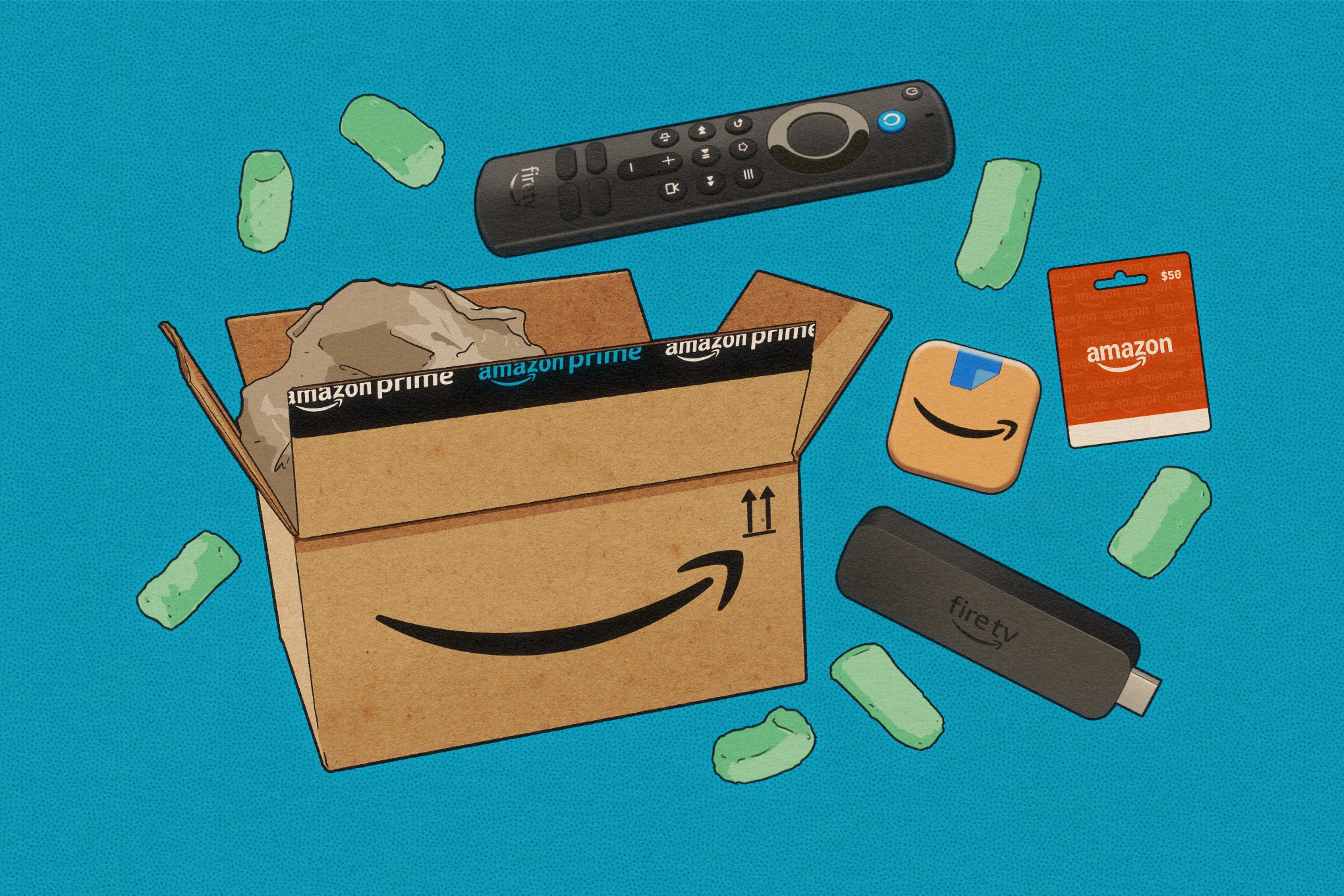 Amazon Fire stick with remote and a cardboard box.