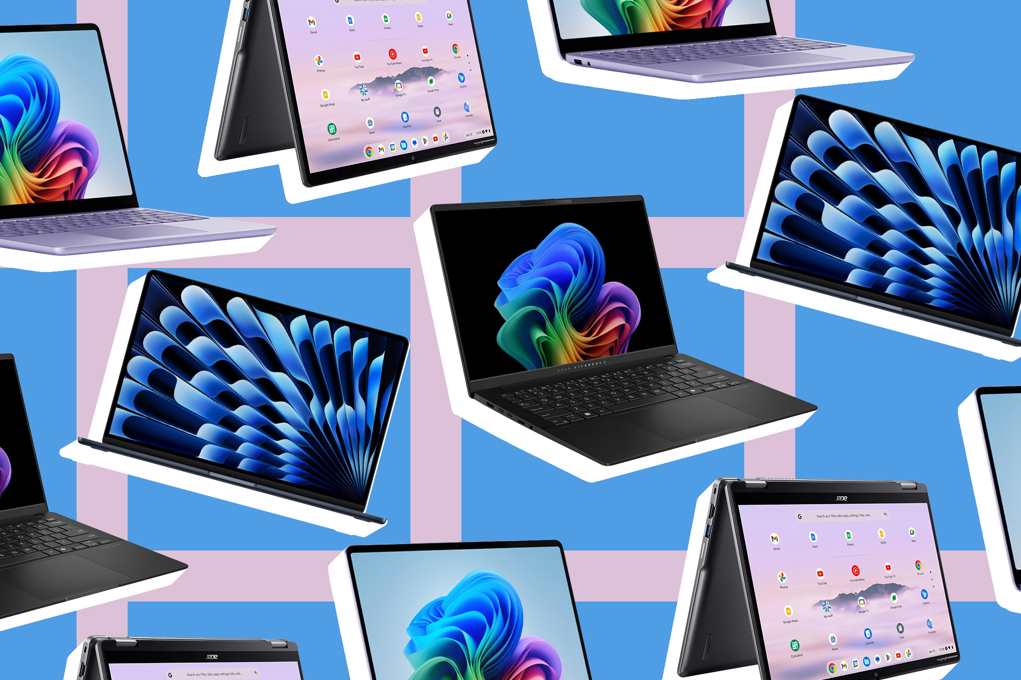 An illustration of various laptops against and blue and pink background.