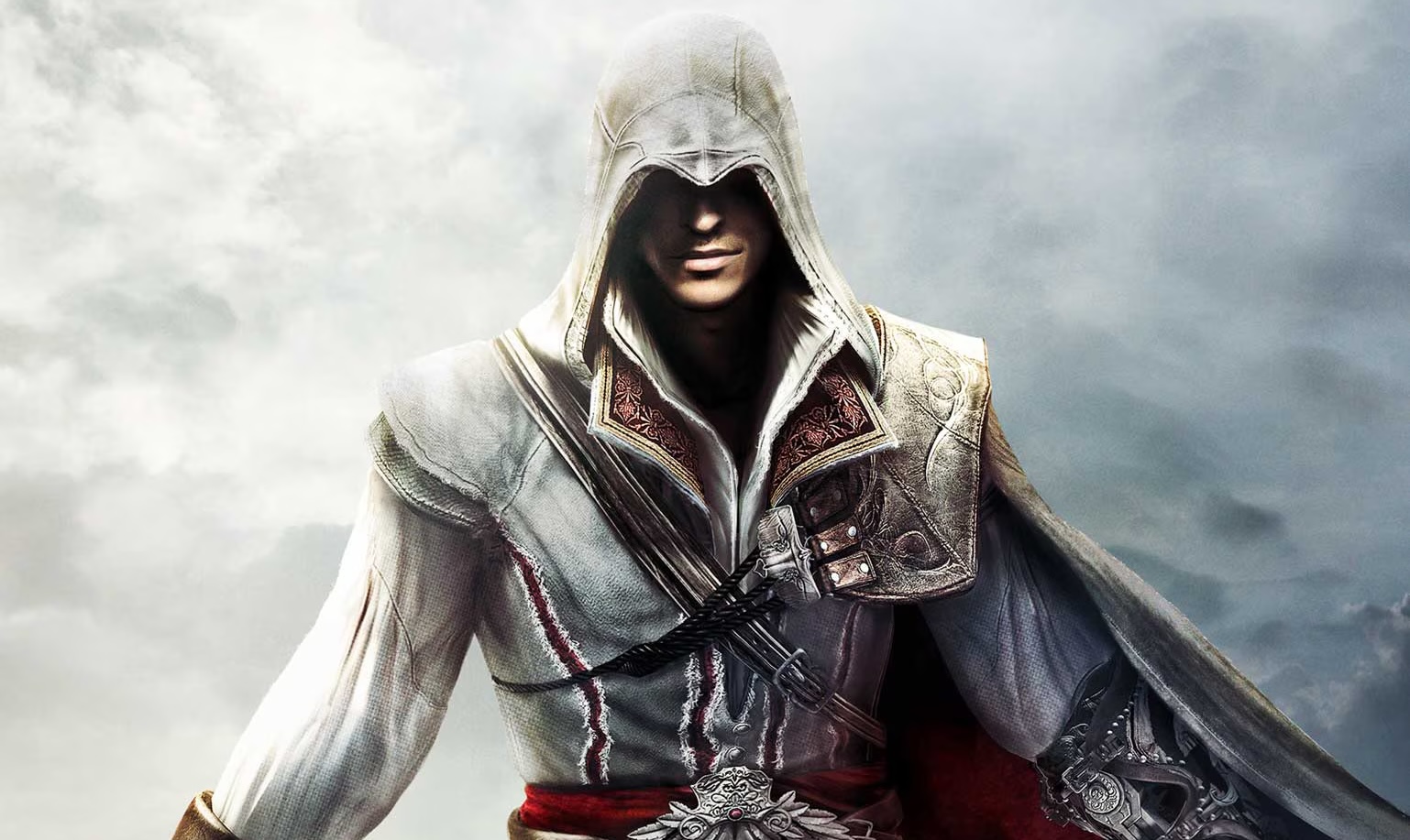 A man wearing a white leather outfit and a hood that obscures most of his face.