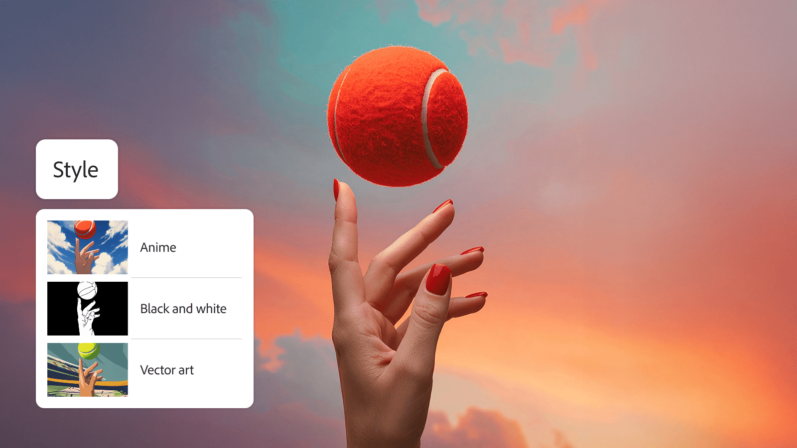 An image of a hand with red painted nails, reaching for an orange tennis ball, alongside Adobe’s Video AI style presets.