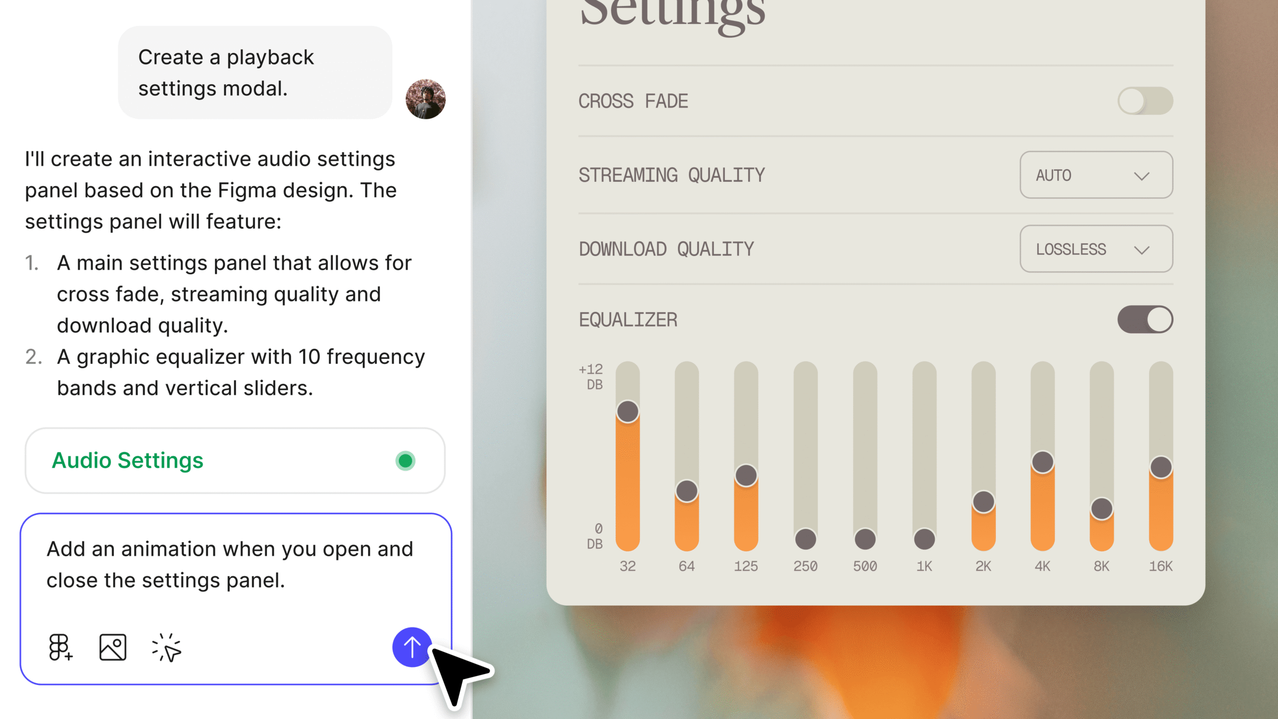 A screenshot of Figma Make adding animations to audio settings.