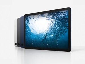 Rendering of Galaxy Tab A9 Plus in silver, graphite, and navy.