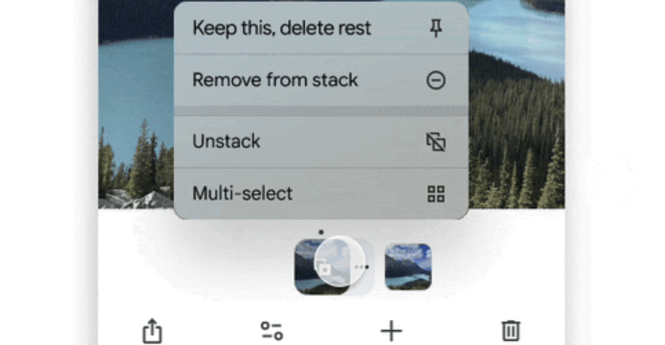 A screenshot showing the new menu options for Stacks in the Google Photos app.
