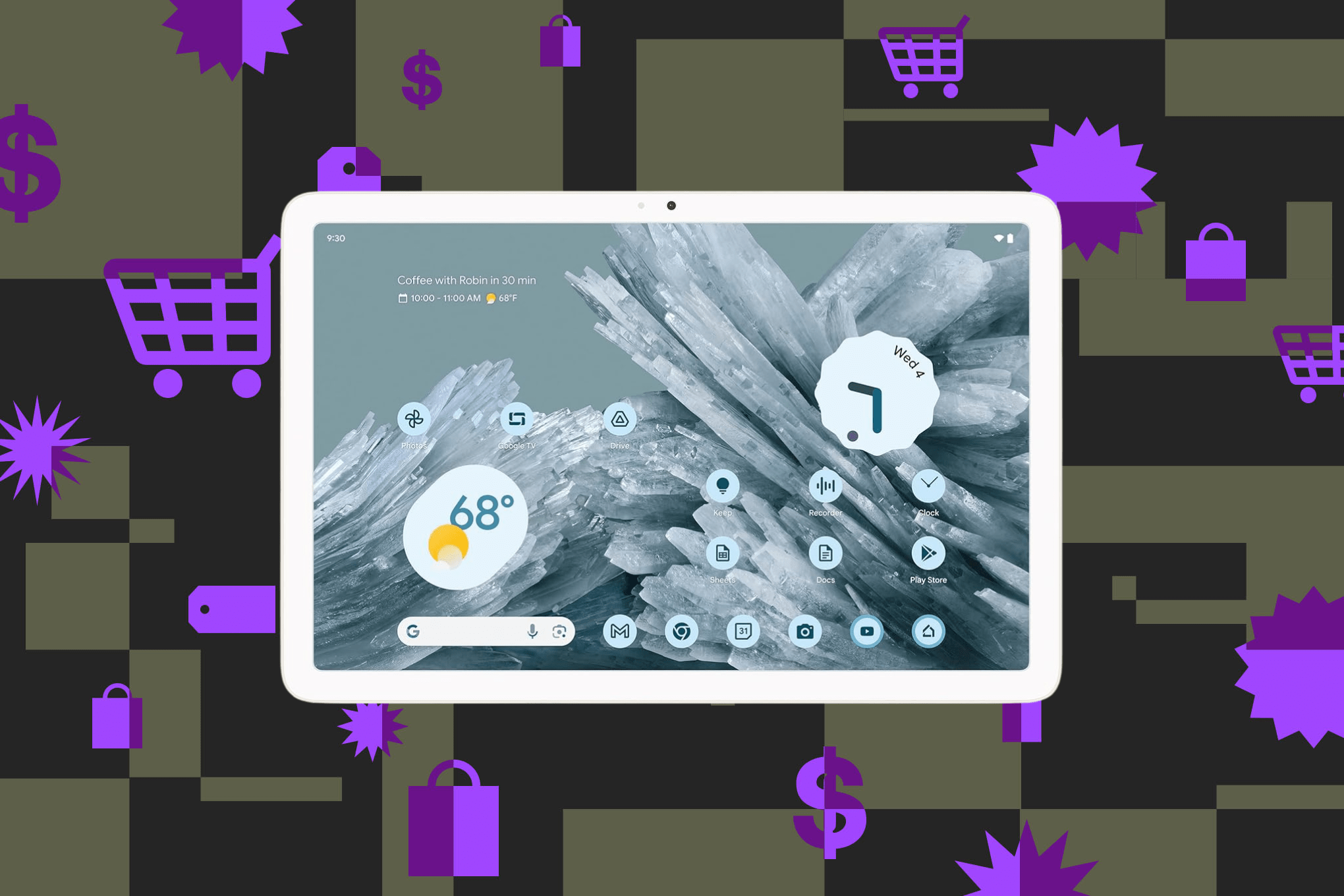 The Google Pixel Tablet in the porcelain color showing the homescreen.