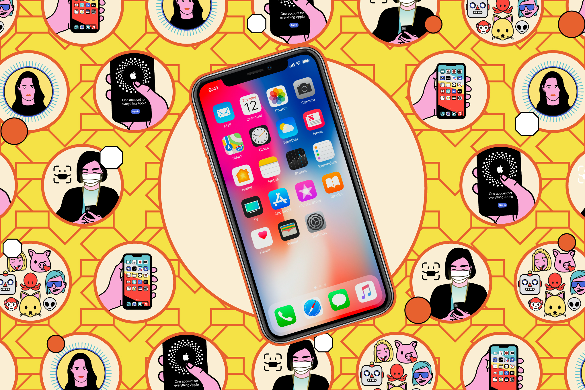 An iPhone overlaid on a yellow circle with a red border, with circles laid out in a honeycomb grid surrounding it that have small illustrations of iOS-themed images.