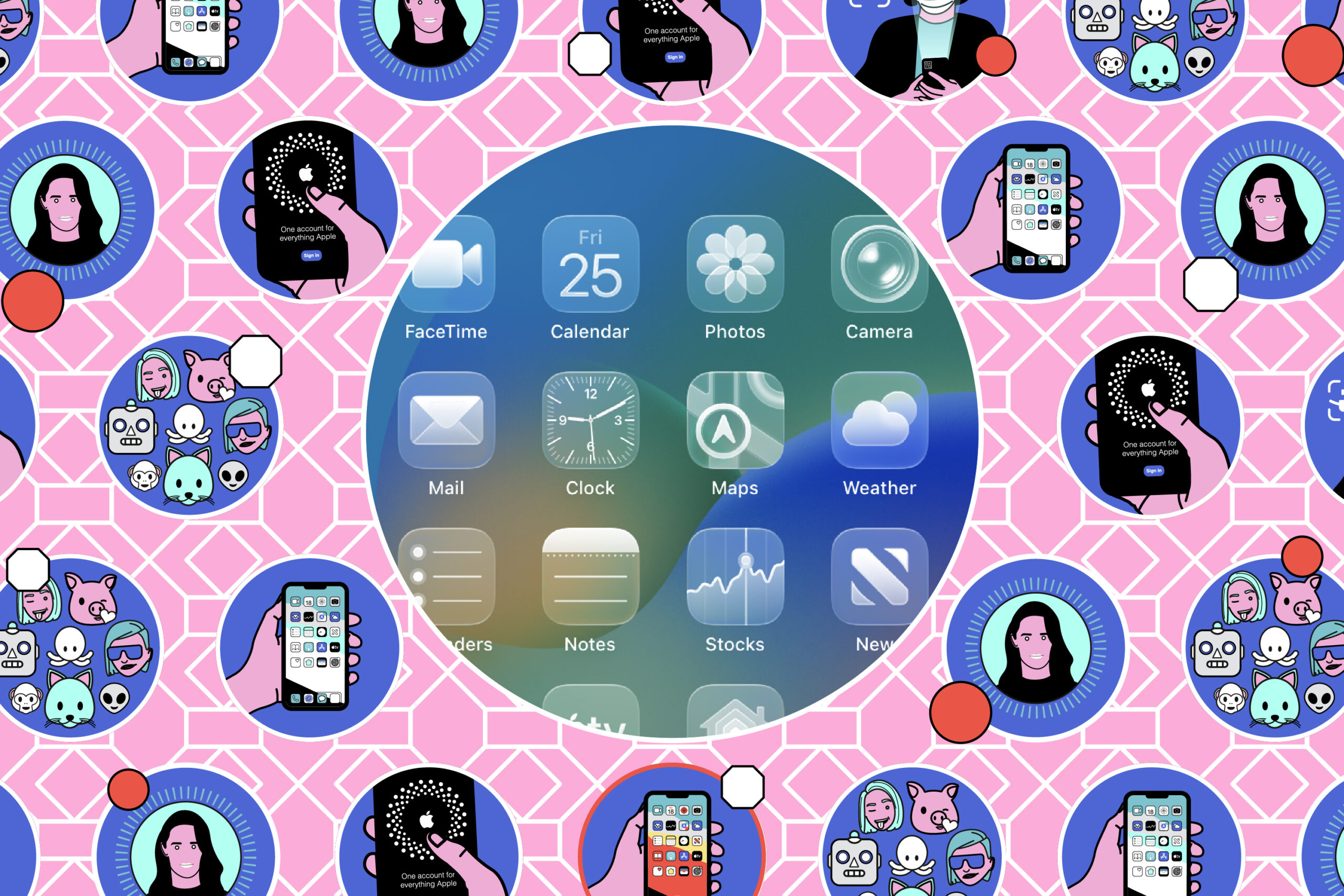 Part of a screenshot of a Liquid Glass homescreen against a background of small illustrations.